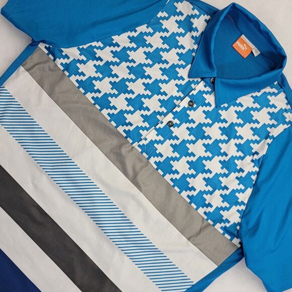 Puma Mens Performance Golf Polo Shirt L Geometric 4-Way Stretch Moisture Wicking - Picture 1 of 16